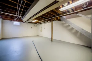 Empty basement with gray painted flooring