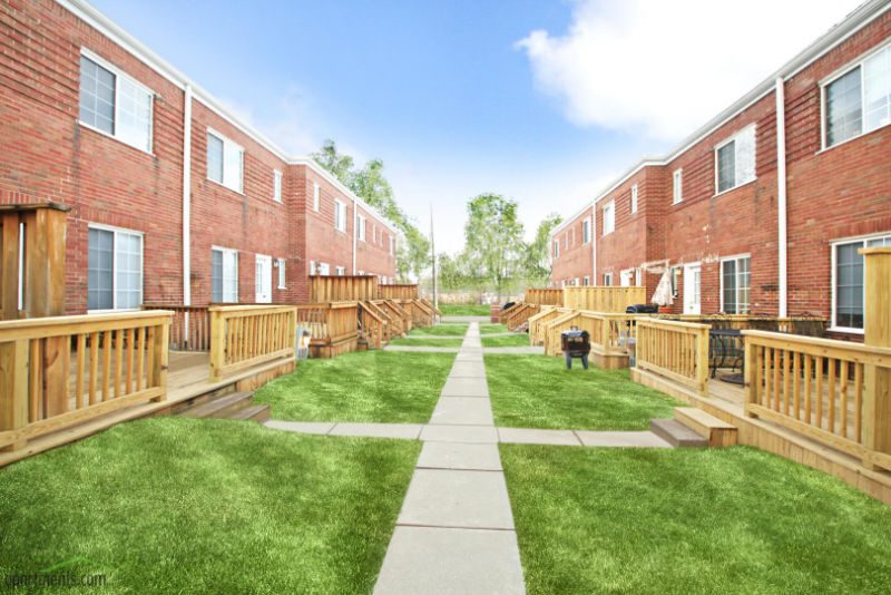 Broad Ripple common area with raised patios facing central walkway